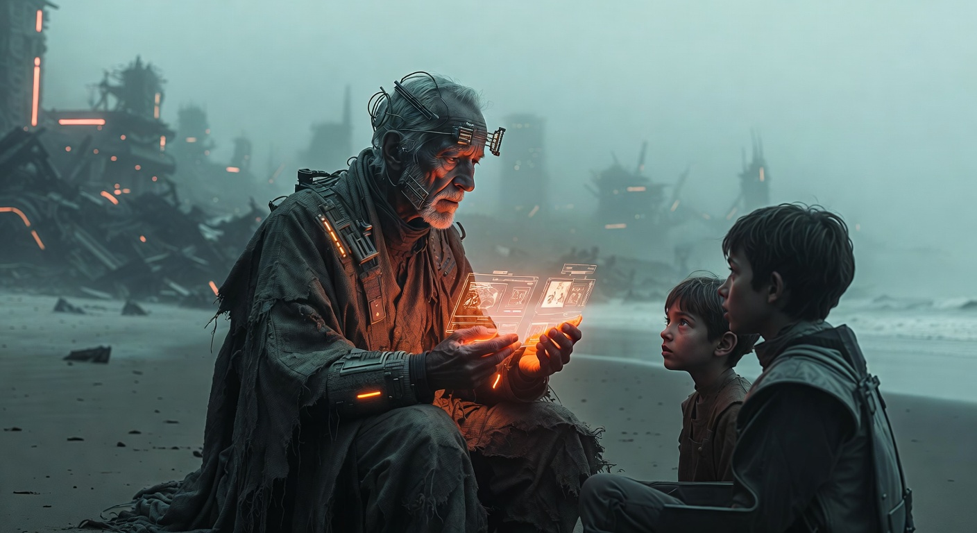 Кибер-дедушка на берегу океана рассказывает сказку детям